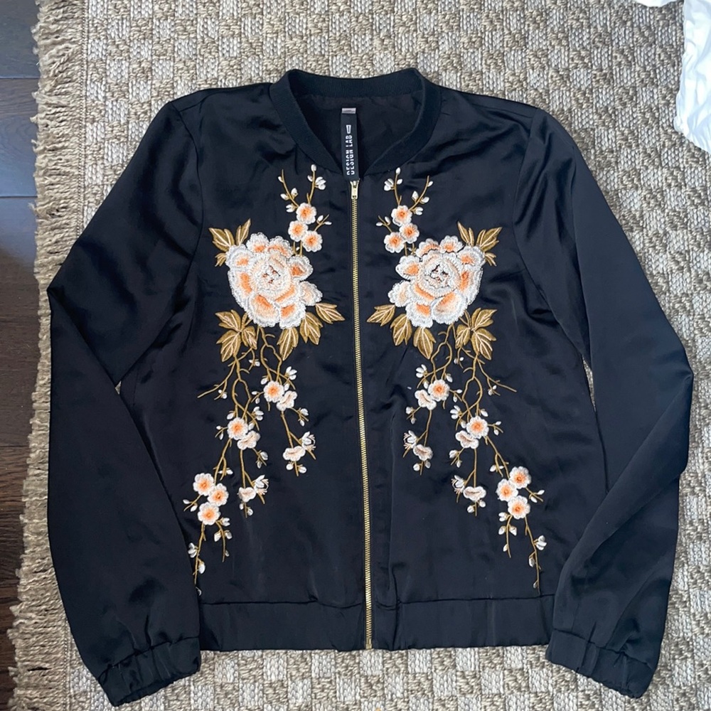 Design Lab Black Embroidered Bomber Jacket